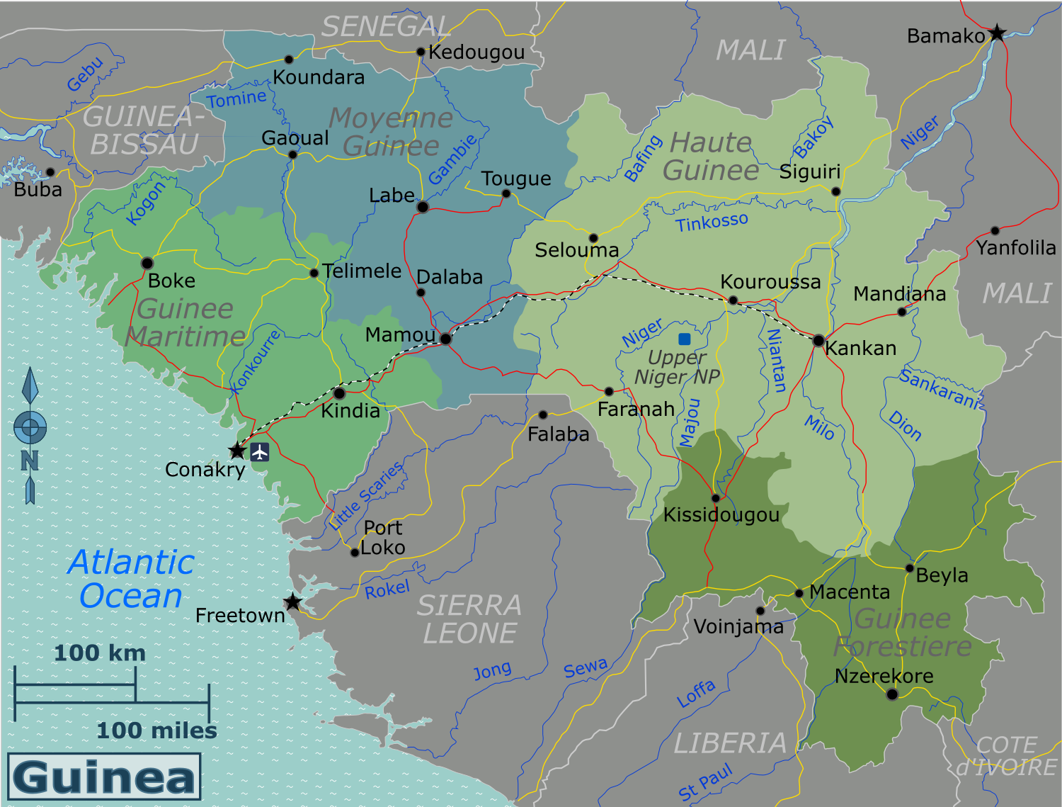 Carte des 4 régions naturelles de Guinée